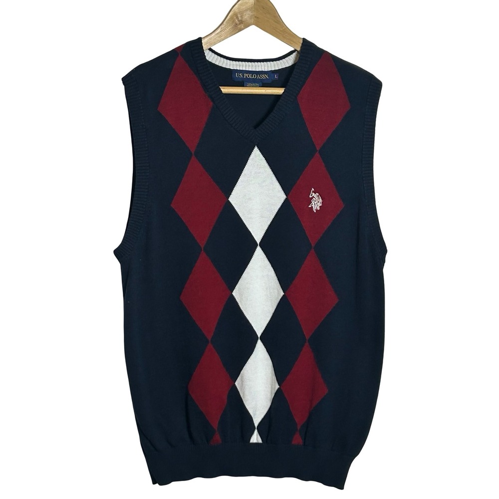 US Polo Assn V Neck Argyle Sweater Vest Men's Size Large Preppy Eclectic Grandpa
